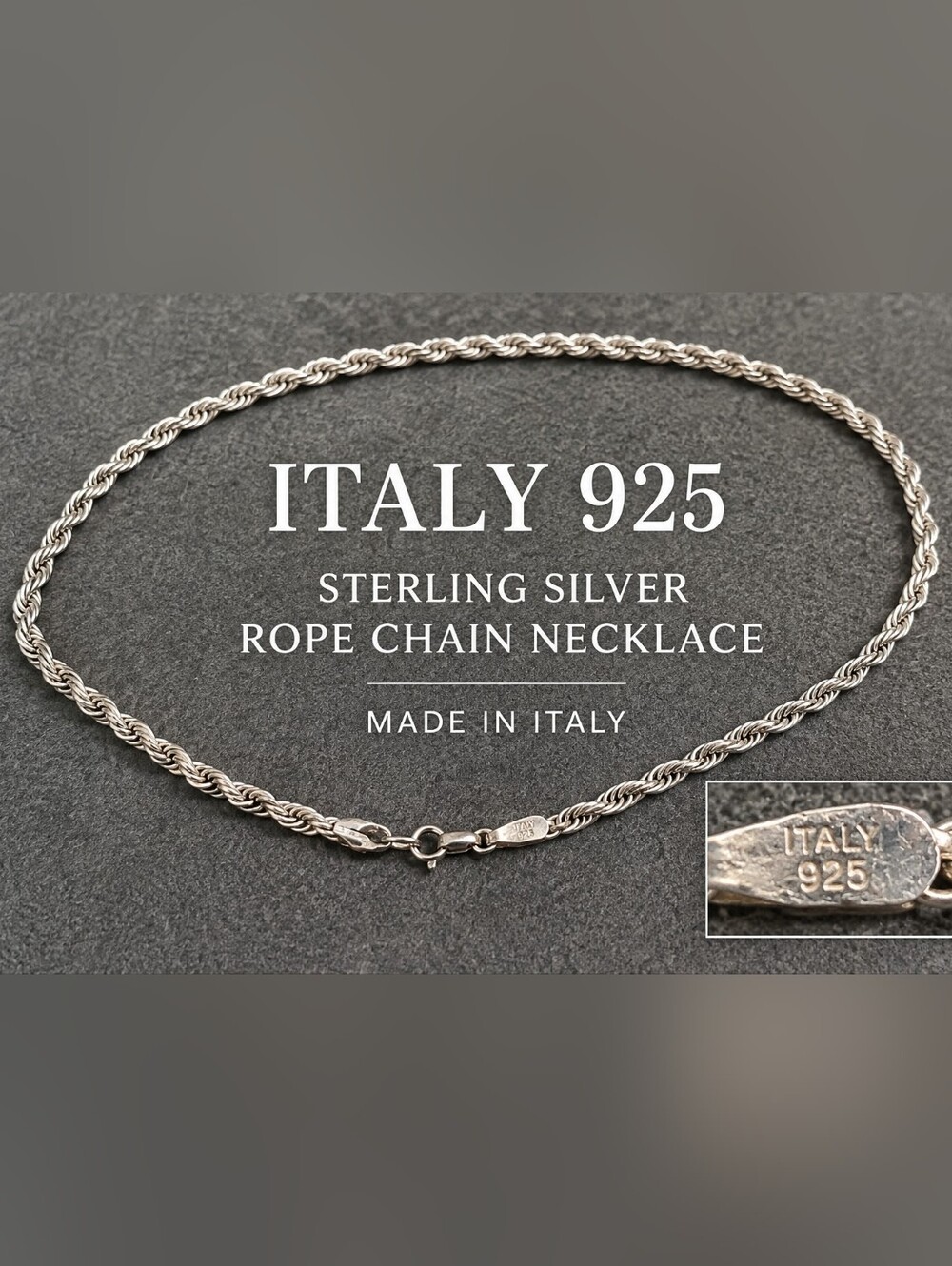 Italy 925 Sterling Silver Rope Chain Necklace Made in Italy